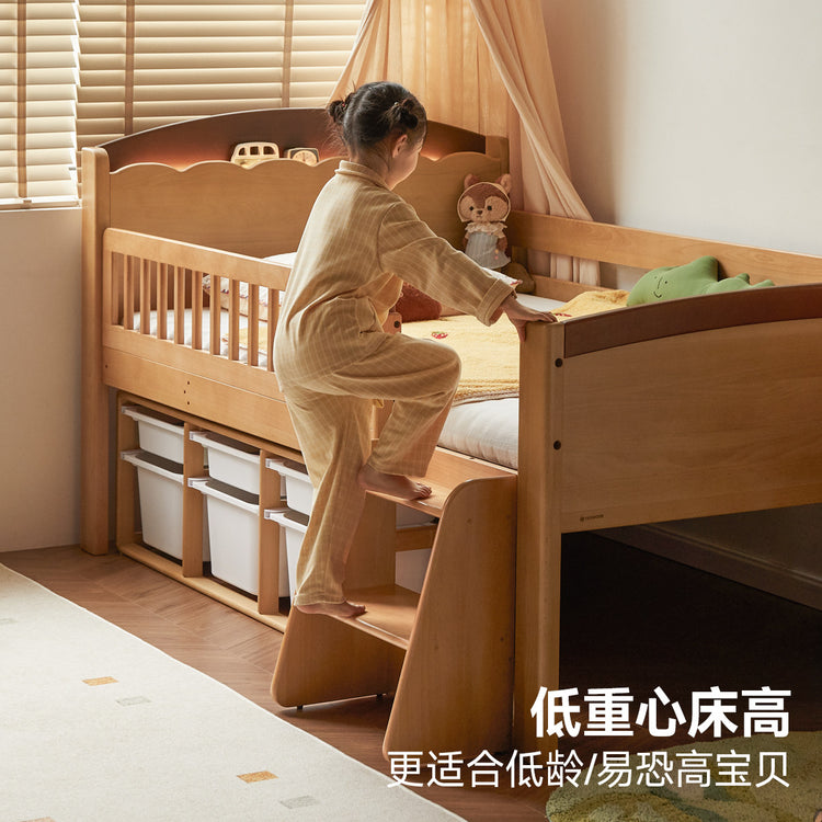 实木儿童床带护栏半高床小户型储物床男孩女孩夜灯单人床