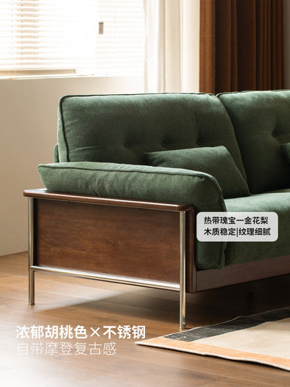 实木客厅中古风雪尼尔布艺胡桃色直排沙发