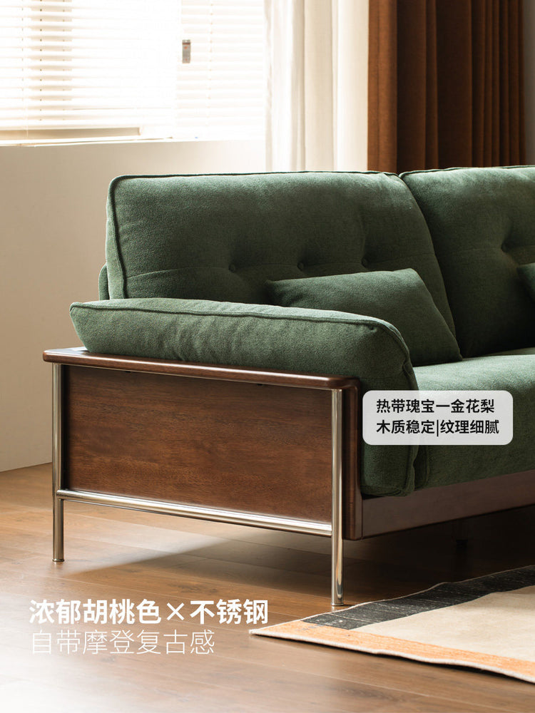 实木客厅中古风雪尼尔布艺胡桃色直排沙发