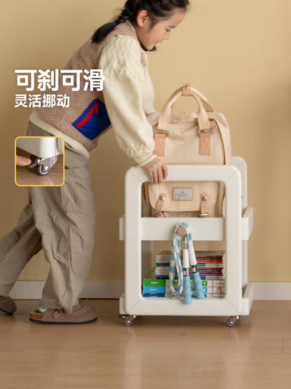 儿童实木书包架白色奶油风桌下储物架可移动小推车置物架