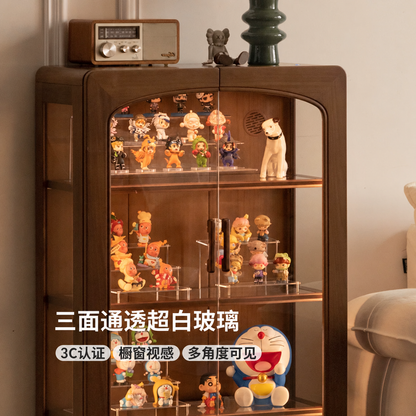 实木边柜客厅黑胡桃木手办柜带灯展示柜复古落地置物柜