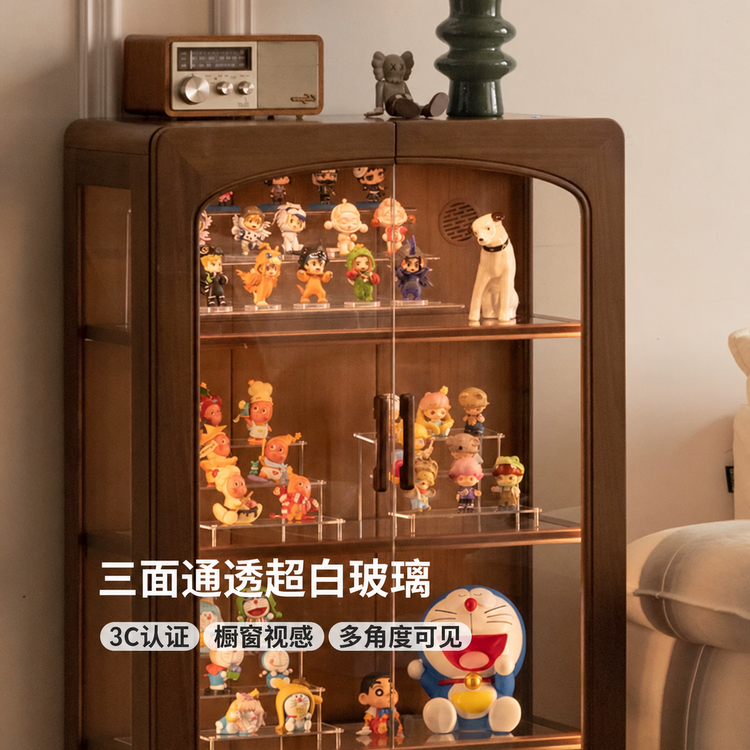 实木边柜客厅黑胡桃木手办柜带灯展示柜复古落地置物柜
