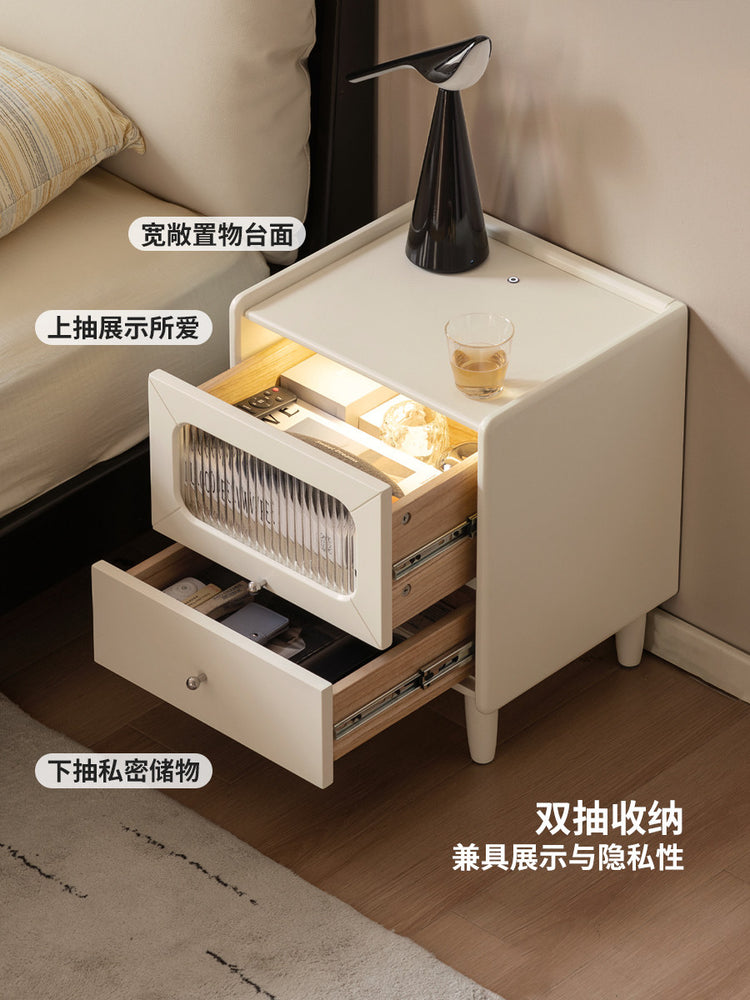实木床头柜现代简约夜光储物柜卧室白色奶油风收纳柜