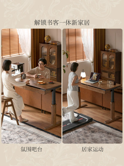实木书桌书房复古办公桌带抽学习桌黑胡桃木双电动升降桌