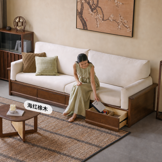 实木客厅新中式冬夏两用橡木胡桃色储物沙发