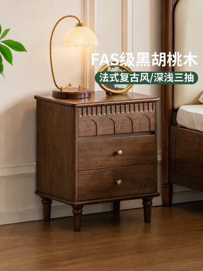 实木床头柜法式复古储物柜卧室黑胡桃木收纳柜置物柜