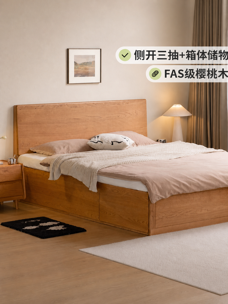 实木床现代简约樱桃木抽屉箱体床卧室气压储物高箱床