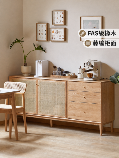 实木餐边柜藤编储物柜现代简约置物架靠墙茶水柜收纳柜