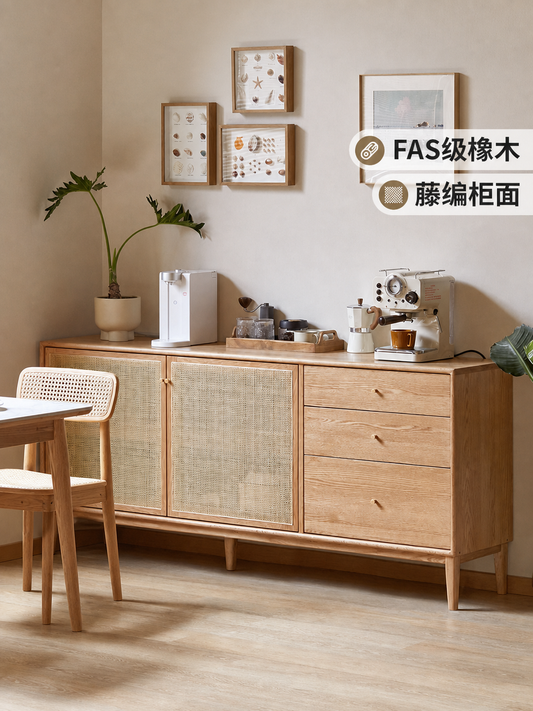 实木餐边柜藤编储物柜现代简约置物架靠墙茶水柜收纳柜