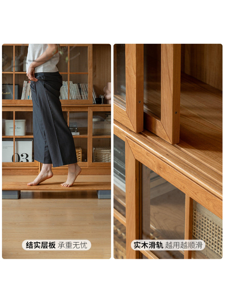 实木书柜书房中古风樱桃木玻璃置物柜简约移门落地柜