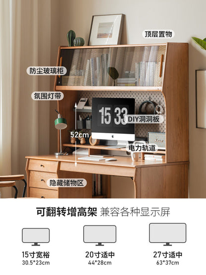实木书桌书架一体中古樱桃木多功能办公桌电脑桌书房桌子