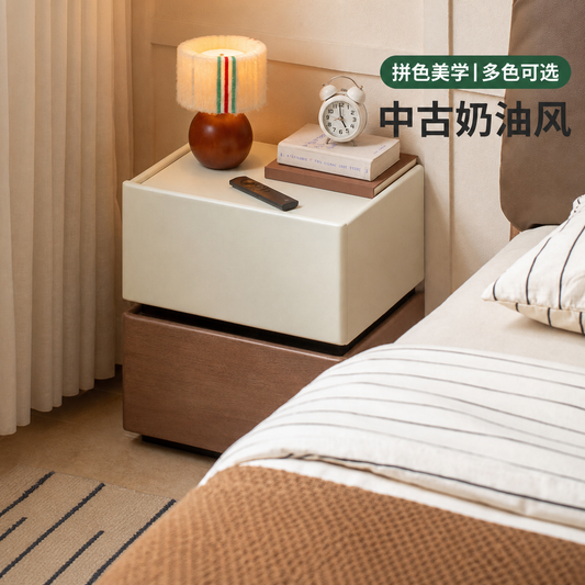 实木床头柜现代简约灰色储物柜卧室浅棕色白色双抽收纳柜