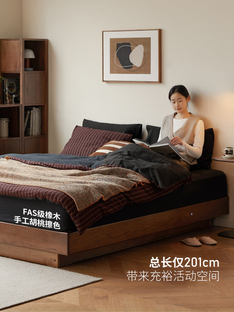 实木床现代简约储物榻榻米橡木悬浮床卧室带灯箱体床