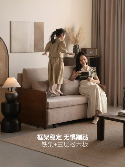 客厅侘寂风白蜡木胡桃色沙发床全拆洗布艺沙发床