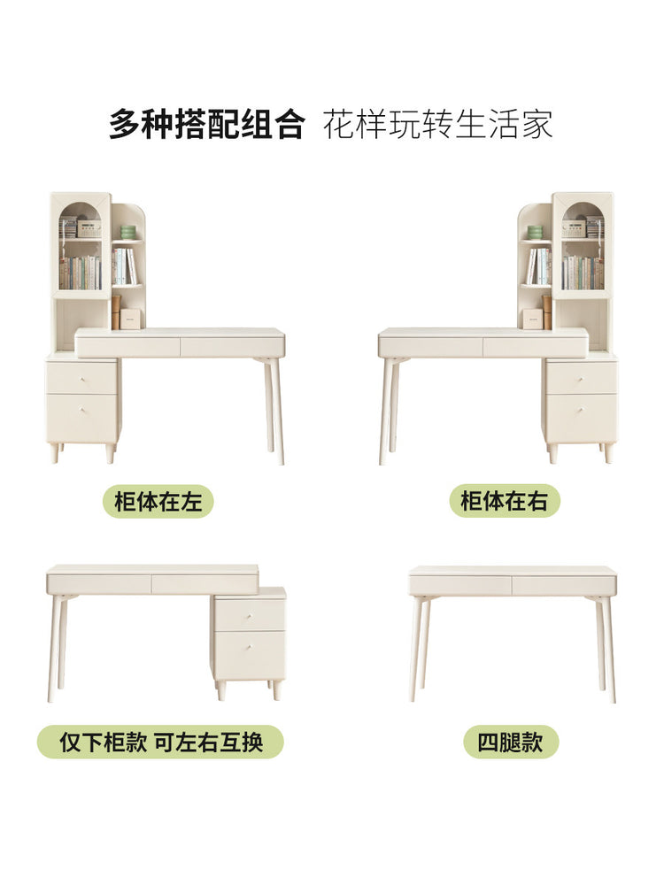 实木伸缩书桌书架一体法式奶油风转角办公桌白色化妆桌
