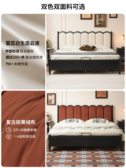 实木床法式复古软包储物床卧室中古风双人床黑色箱体床