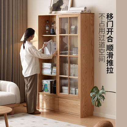 实木书柜现代简约移门收纳柜书房落地靠墙玻璃门展示柜