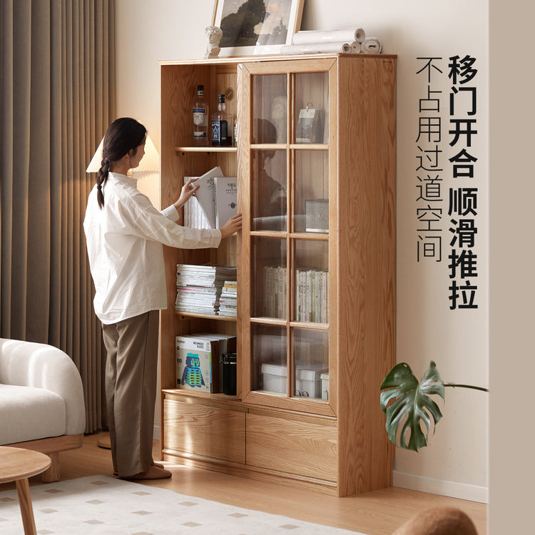 实木书柜现代简约移门收纳柜书房落地靠墙玻璃门展示柜