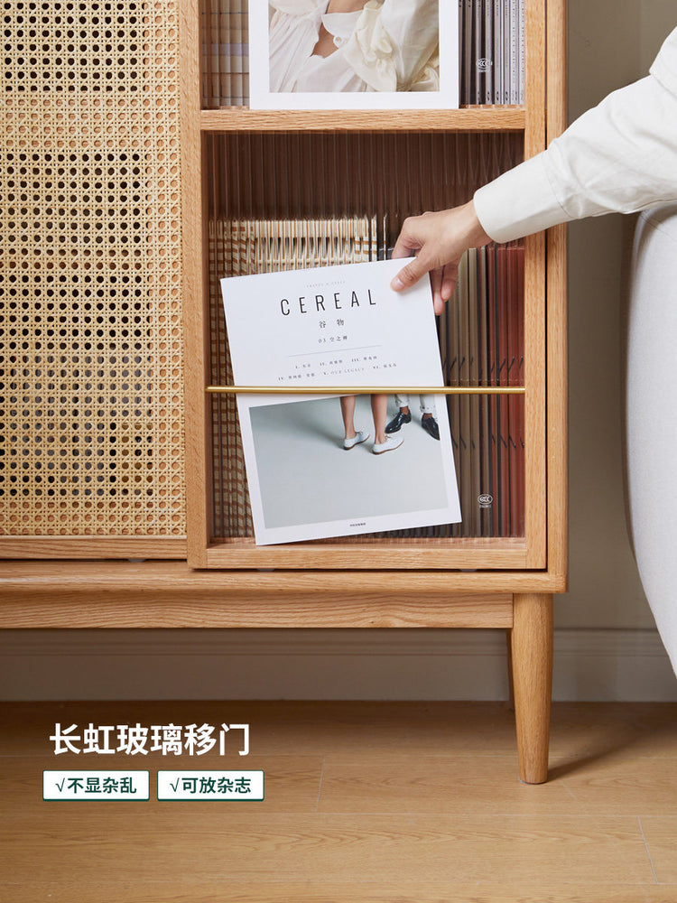 全实木边柜现代简约藤编移门储物柜北欧小户型客厅置物柜
