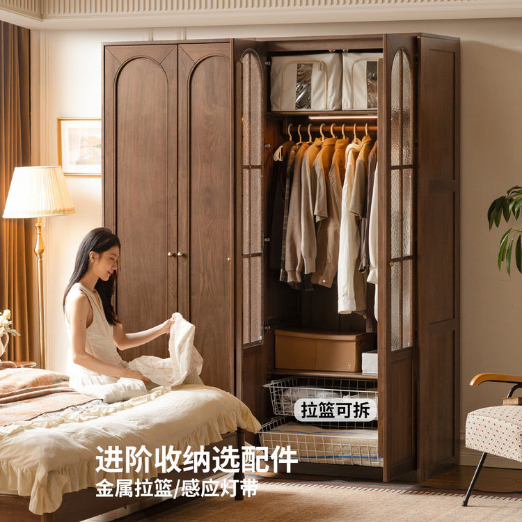 实木衣柜法式复古衣橱卧室黑胡桃木储物柜对开门柜子
