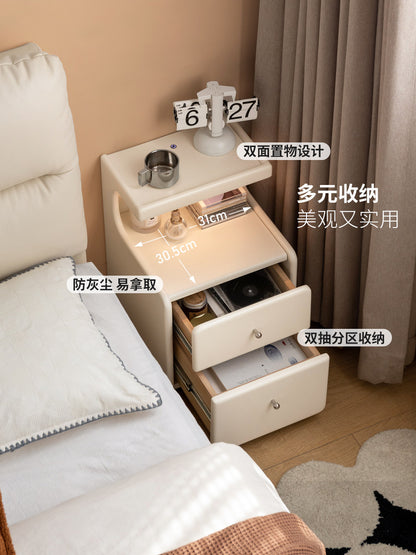 实木床头柜可移动白色床边柜奶油风带灯小柜子卧室储物柜