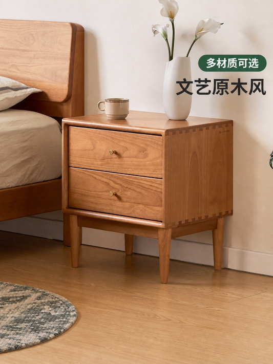 实木床头柜现代简约樱桃木色储物柜卧室两抽收纳柜