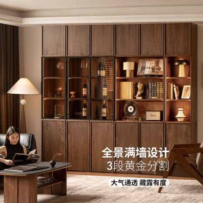 实木书柜储物柜一体靠墙黑胡桃木骨骼线展示柜书房组合柜