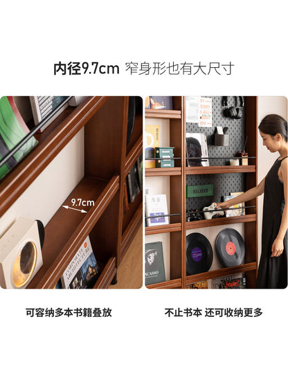 实木小户型书房靠墙收纳架中古风超薄置物架组合书架