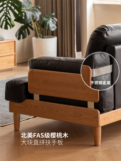 实木现代简约樱桃木双人沙发客厅小户型真皮沙发