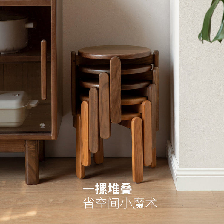 实木堆叠凳餐厅黑胡桃木圆凳小户型矮凳简约原木凳子