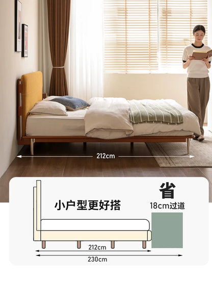 实木床卧室包豪斯柚木色布艺床软包靠背中古双人床