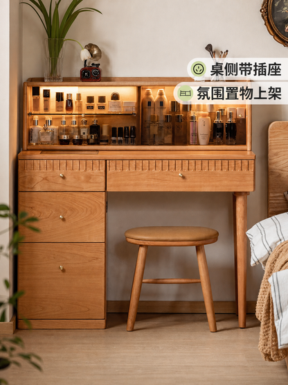实木梳妆台简约复古化妆台斗柜一体樱桃木家具卧室妆台