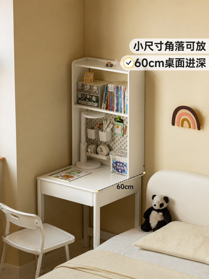实木儿童学习桌白色奶油风书桌书架一体小学生写字桌