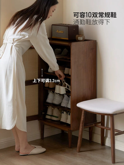 实木鞋柜窄款带门小户型家用门口客厅藤编入户玄关置物柜