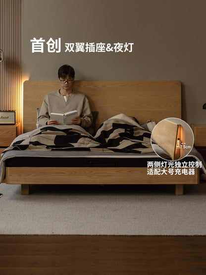 实木床现代简约白蜡木夜灯床黑标齐边床卧室多功能悬浮床