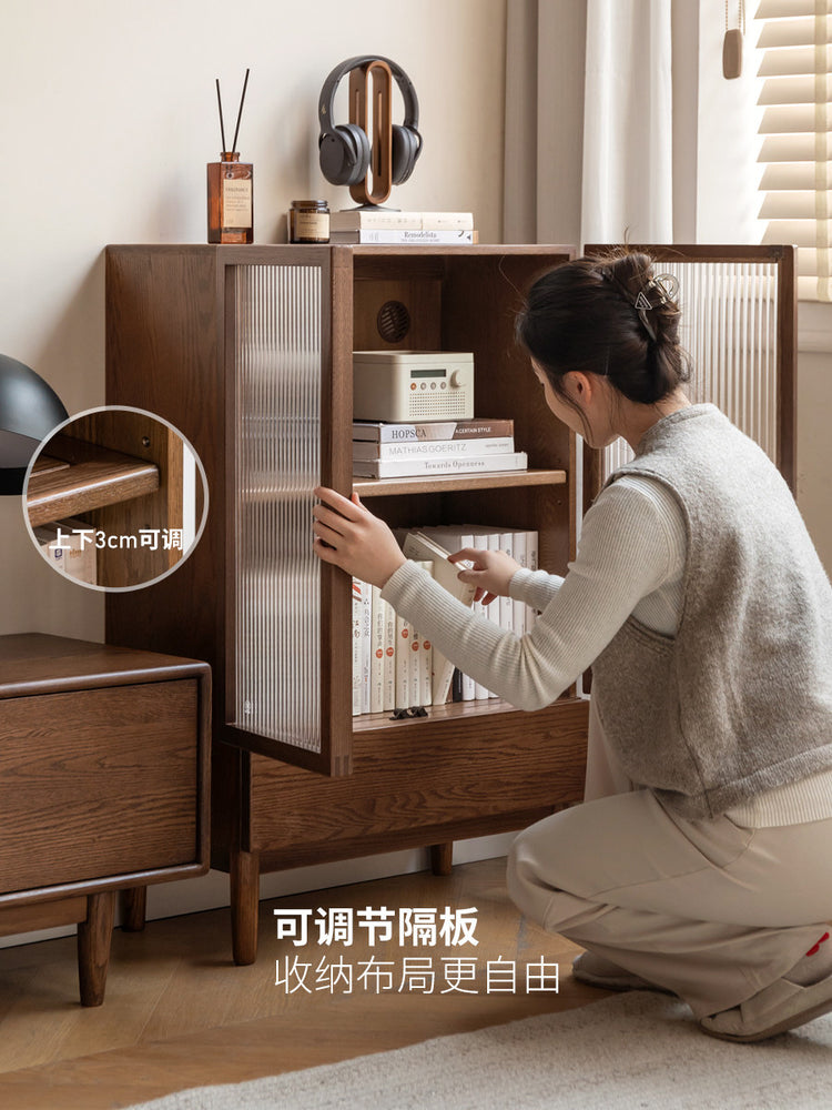 实木边柜客厅现代简约收纳储物柜橡木胡桃色靠墙书柜