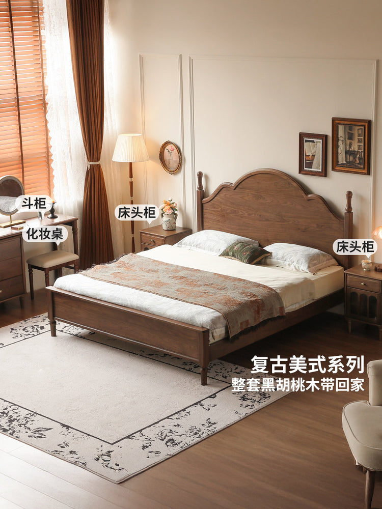实木床美式大板床卧室中古风双人床复古黑胡桃木大床