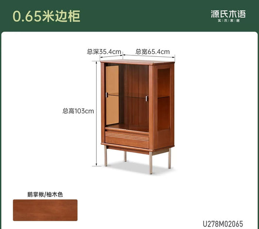 实木边柜美式复古收纳柜客厅中古风展示柜玻璃陈列柜