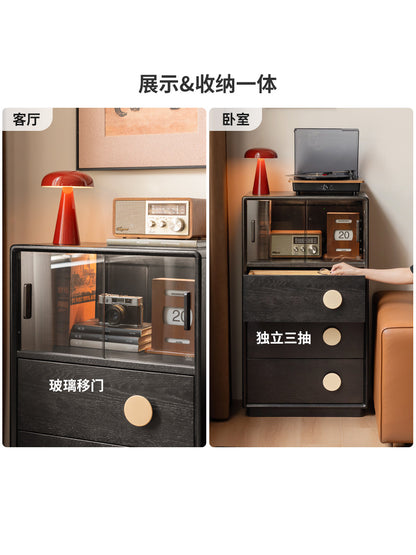 实木边柜客厅中古风储物柜黑色落地展示柜复古床头柜