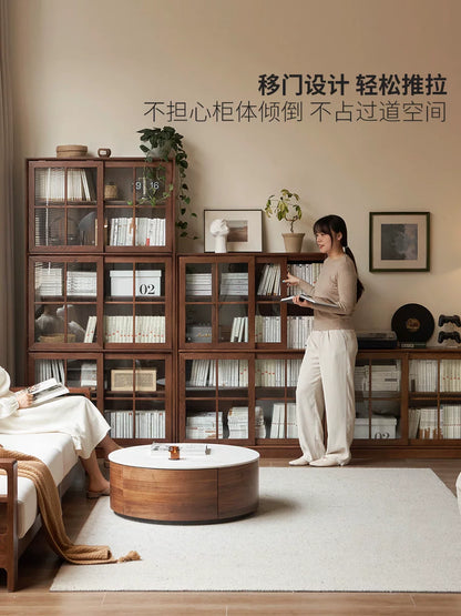实木书柜自由组合落地书架橡木移门柜靠墙推拉门书橱子