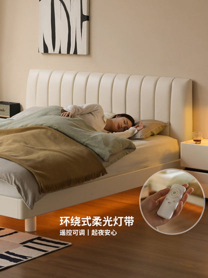 全实木床奶油风卧室橡胶木悬浮床科技布软包床白色夜光床
