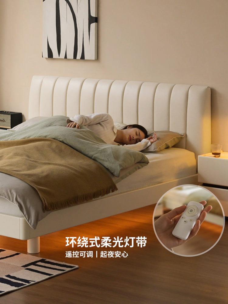 全实木床奶油风卧室橡胶木悬浮床科技布软包床白色夜光床