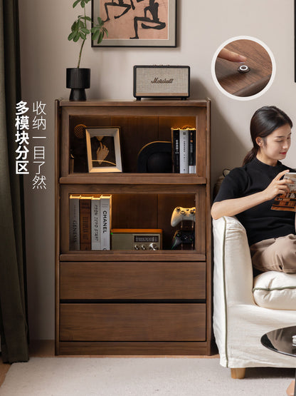 实木边柜客厅现代简约沙发翻门展示柜黑胡桃木落地书柜