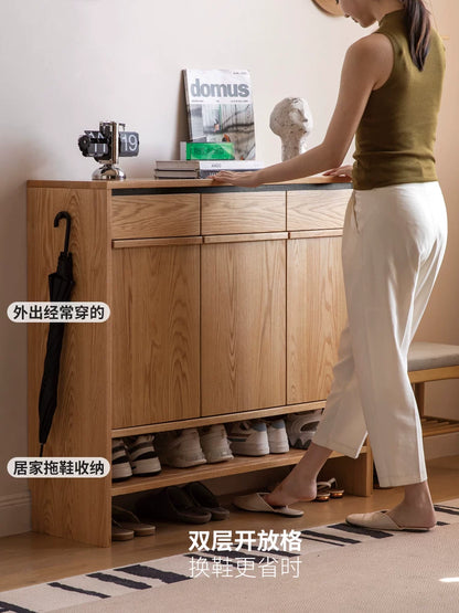 Solid Wood Shoe Cabinet with Drawers and Adjustable Shelves