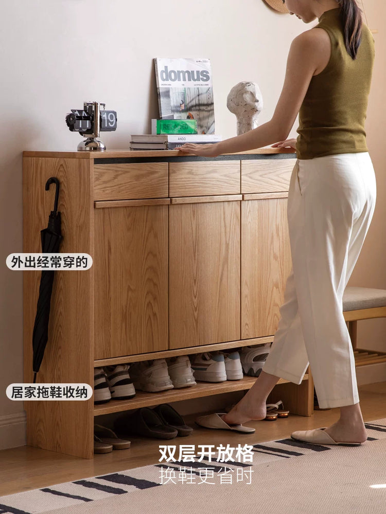Solid Wood Shoe Cabinet with Drawers and Adjustable Shelves