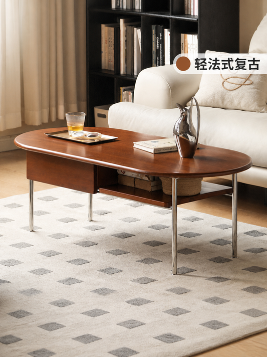 全实木中古茶几法式复古茶桌小户型客厅极简双层茶台