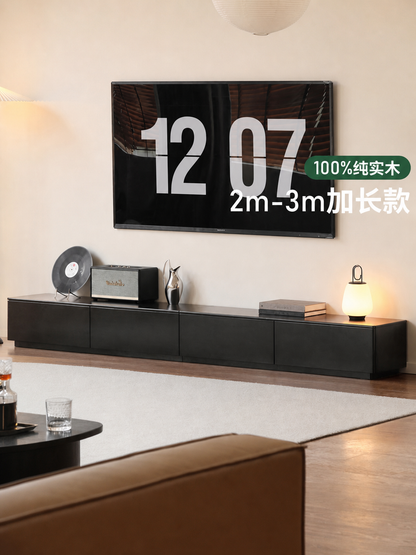 实木电视柜现代简约落地收纳储物地柜客厅黑色地台