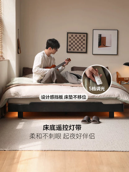 现代简约实木床黑色无床头榻榻米卧室家具带灯悬浮双人床