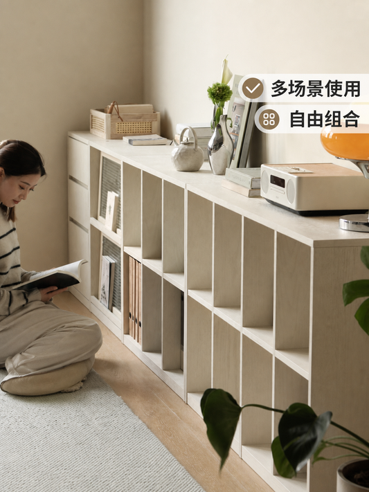 实木书柜奶油风置物架现代简约白色展示柜自由组合收纳柜