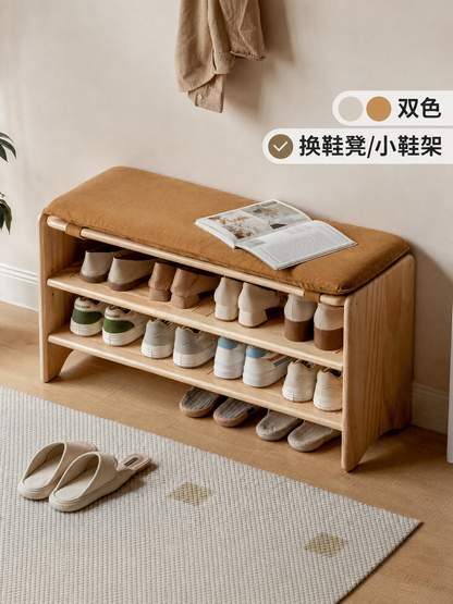 实木换鞋凳简约玄关多层原木鞋架小户型客厅软包穿鞋凳